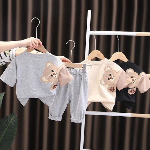Handsome Round Neck Bear Short Sleeve Suit Casual Pants Two Piece Set